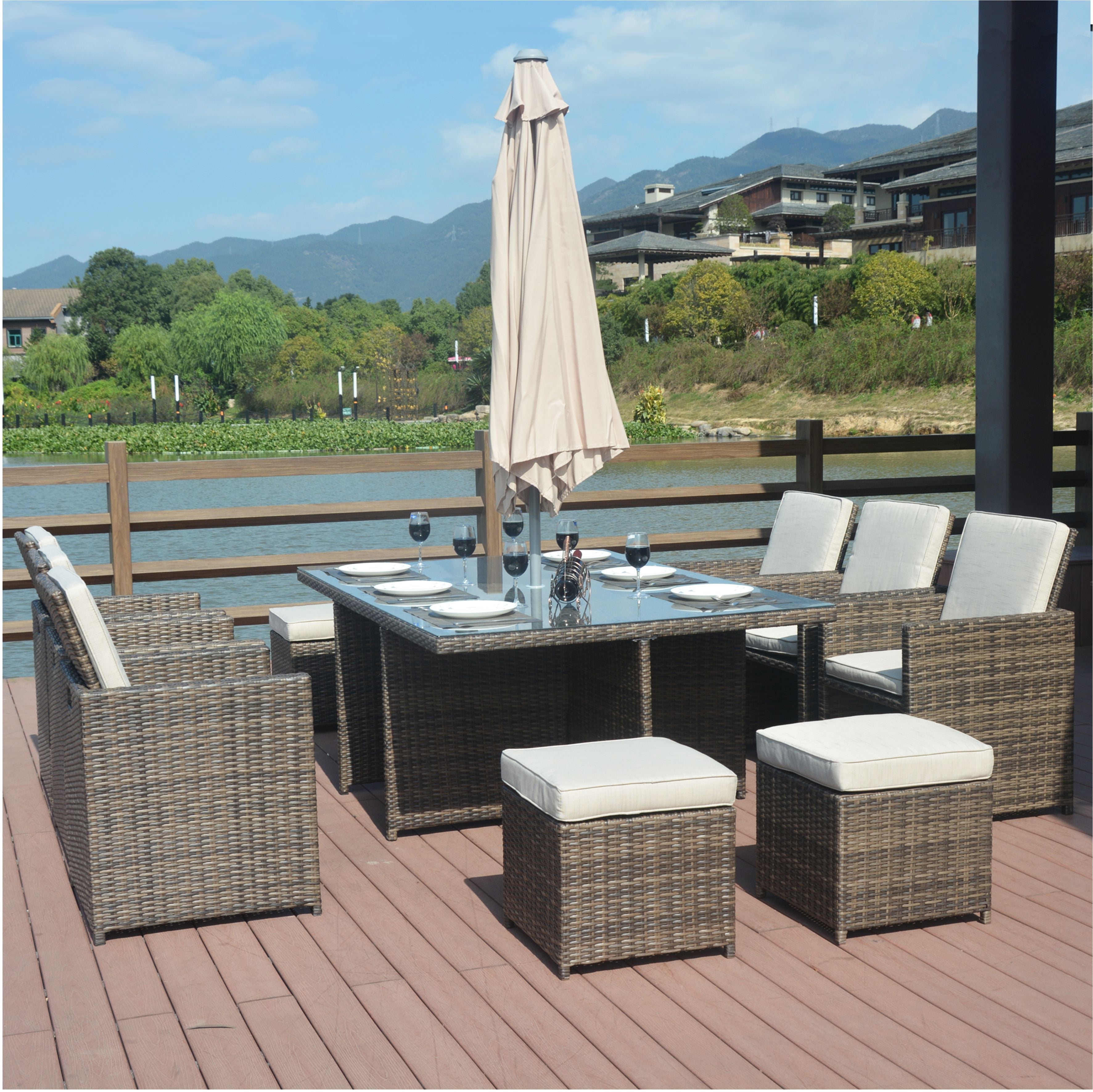 11 Piece Patio Dining Set Wicker Dining Table with Beige Cushions PA