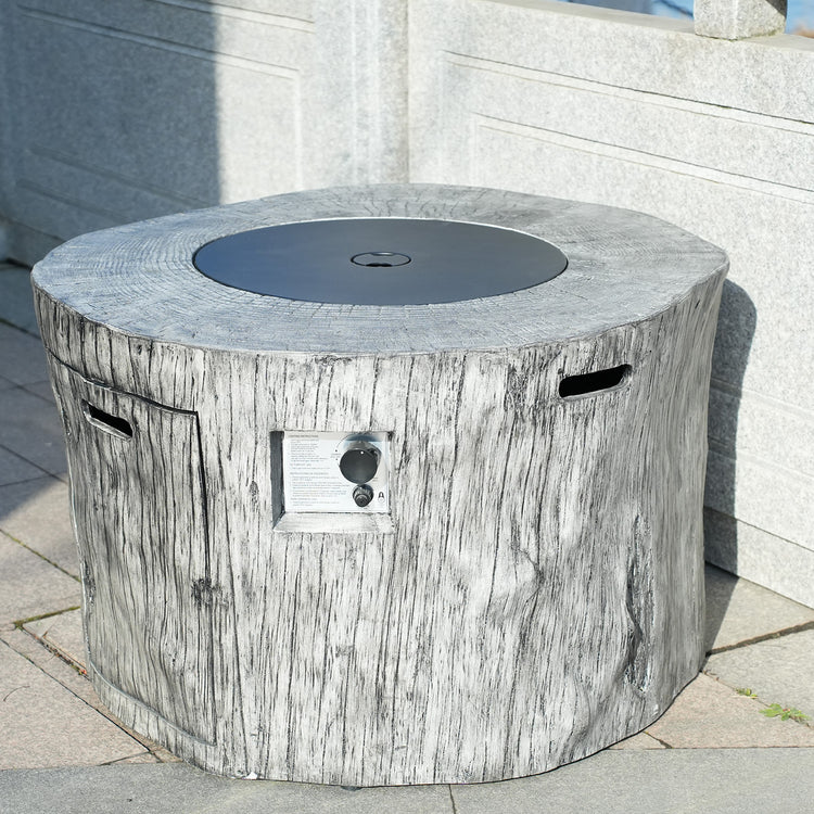 Patio Stainless Steel Gray Wood Grain Round Fire Pit Table with Rain Cover