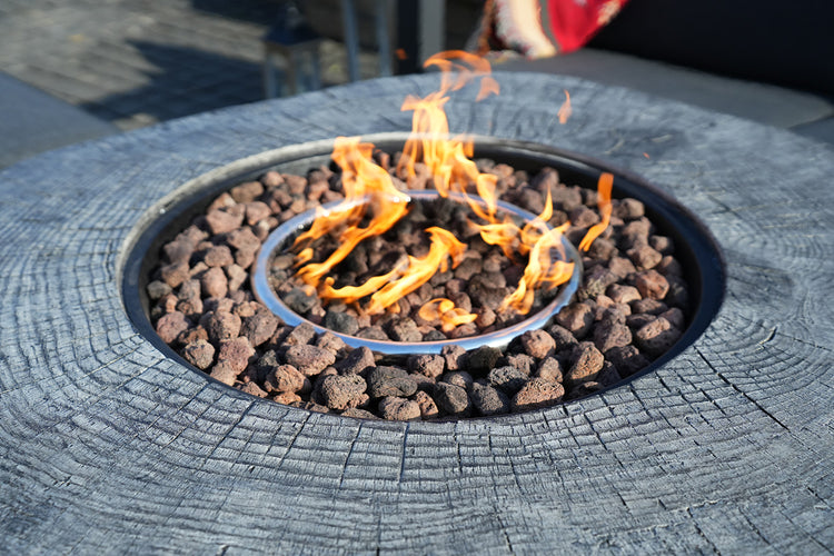 Patio Stainless Steel Gray Wood Grain Round Fire Pit Table with Rain Cover